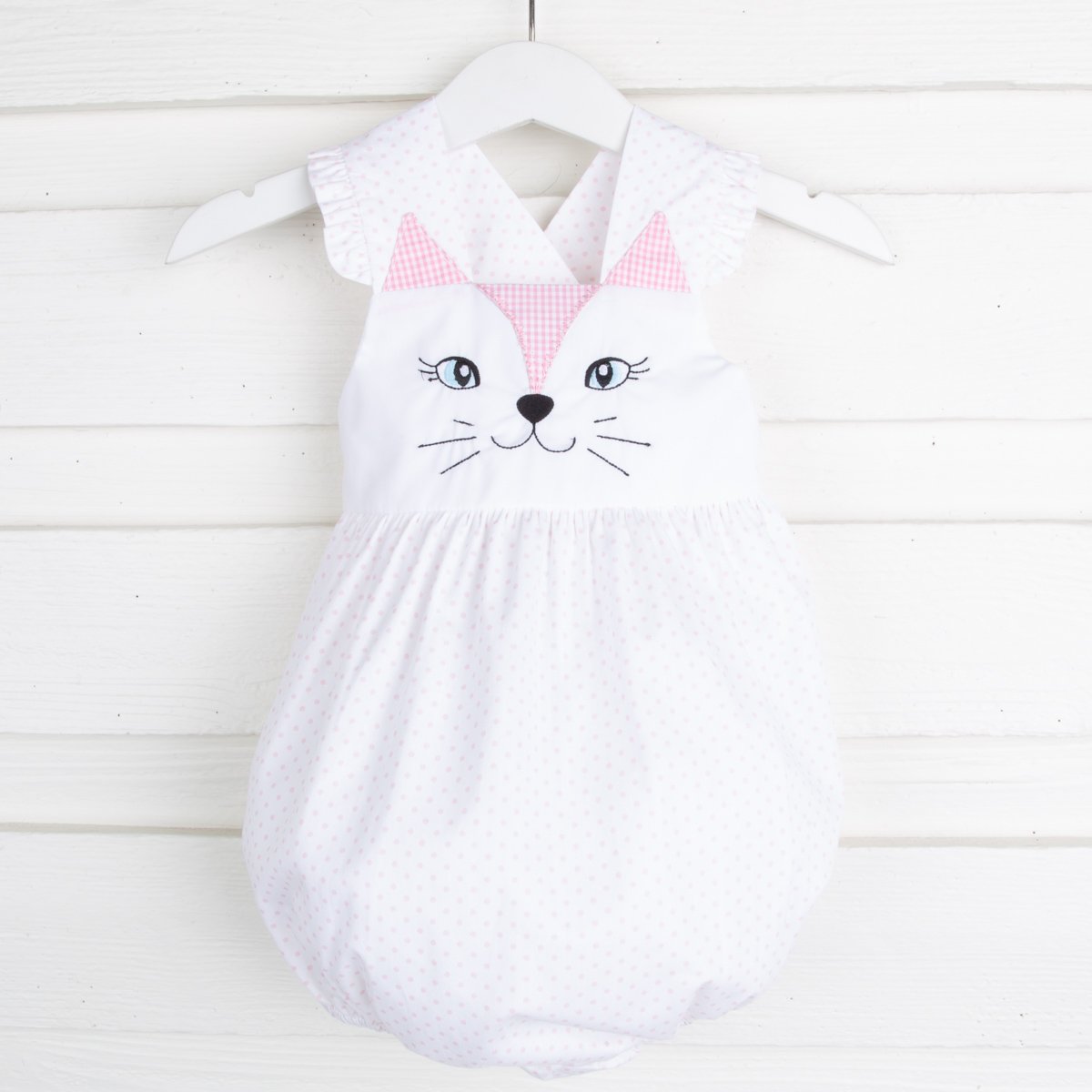 Kitty Face Embroidered Bubble Light Pink Dot