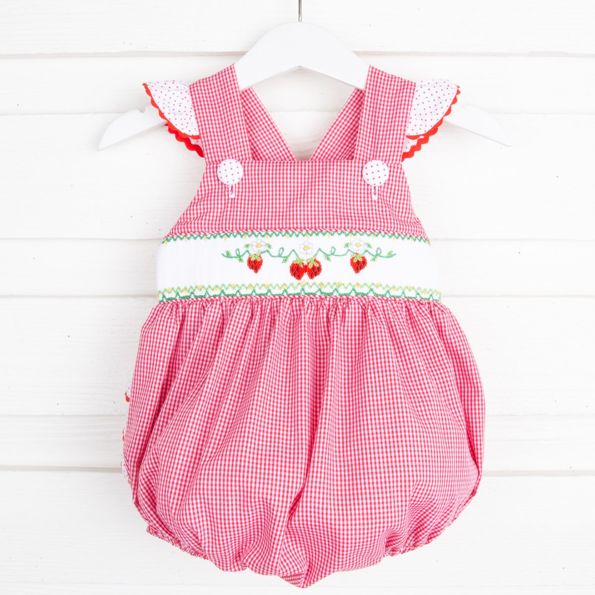 Strawberry and Vine Smocked Ruffle Bubble Red Check