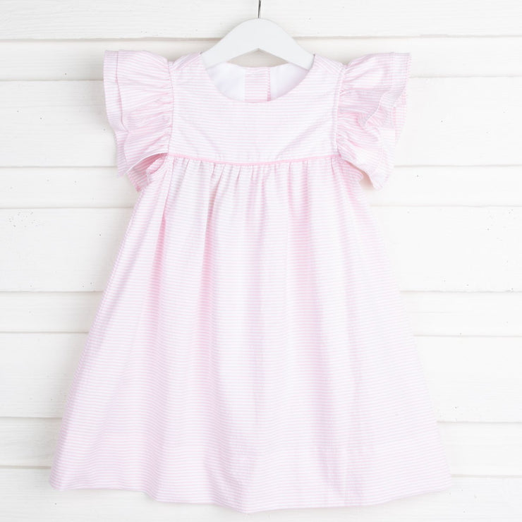 Double Ruffle Sleeve Dress Light Pink Seersucker Stripe