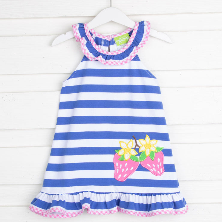 Blue Stripe Strawberry Ruffle Collar Dress