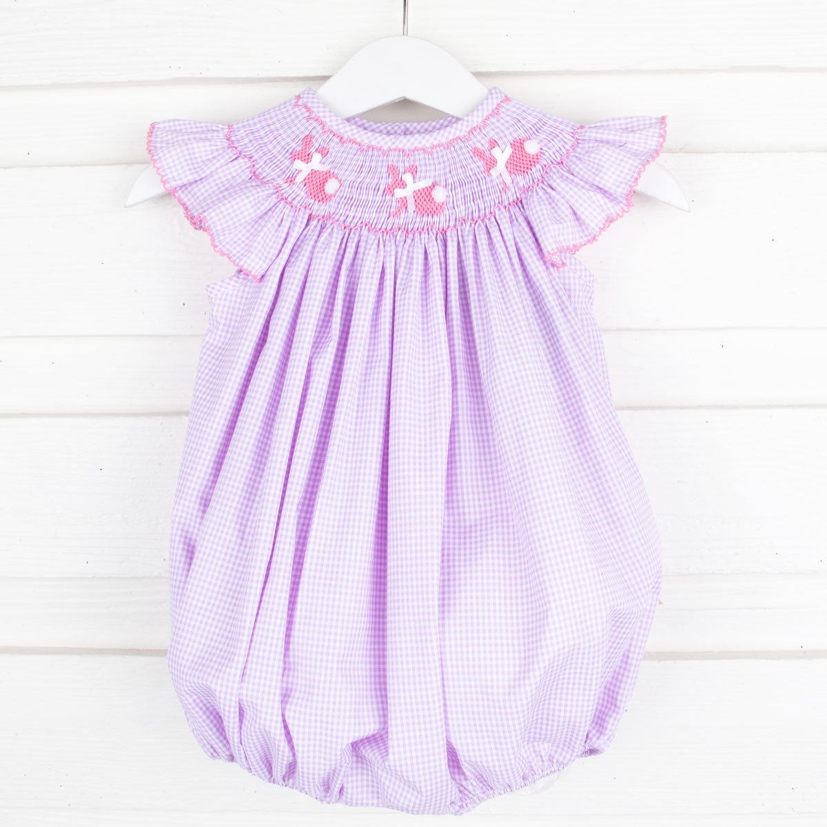 Pink Bunny Smocked Bubble Lavender Gingham
