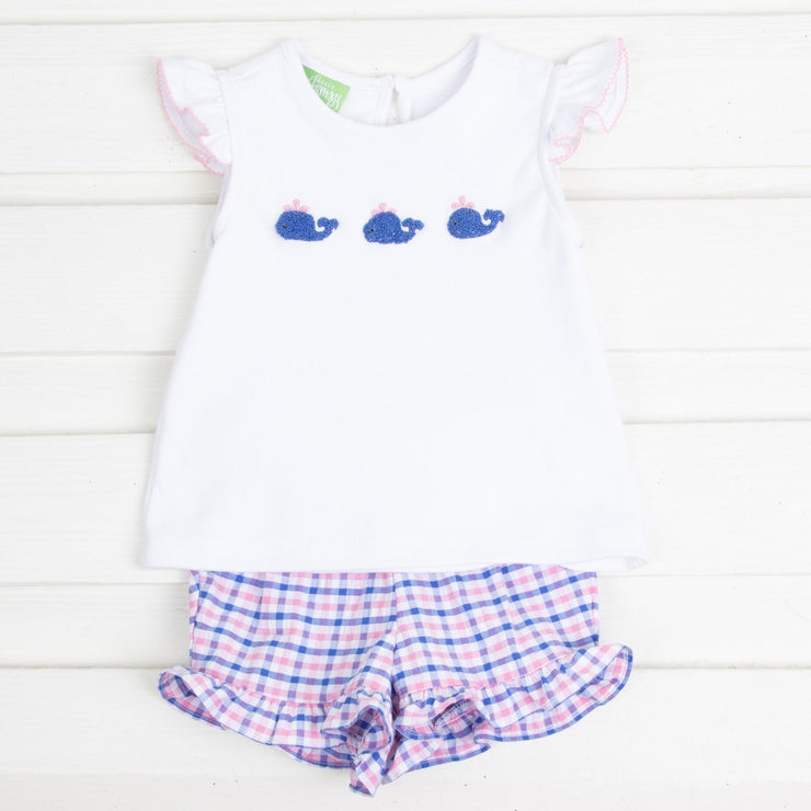 French Knot Whale Embroidered Girls Short Set