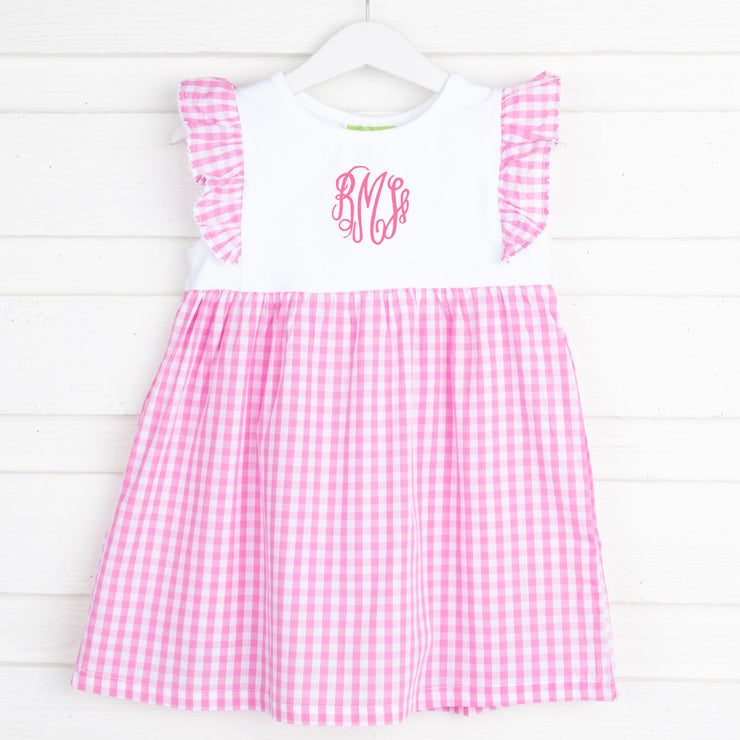 Pink Gingham Ruffle Front Dress