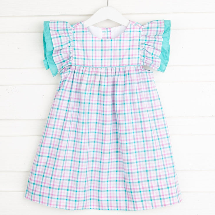 Double Ruffle Dress Pink and Teal Plaid