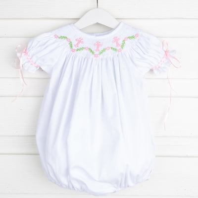 Cross and Vine Smocked White Bubble