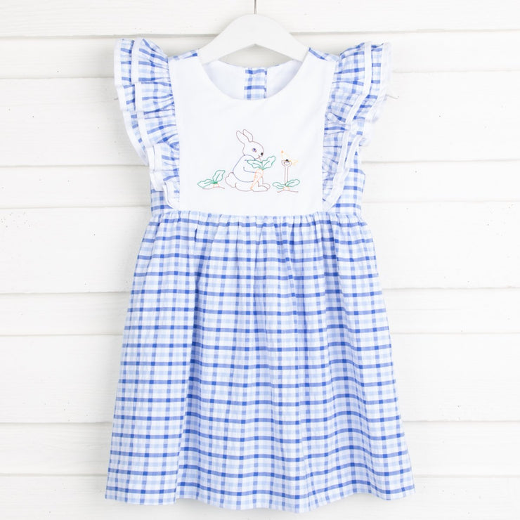 Storybook Rabbit Embroidered Dress Blue Plaid