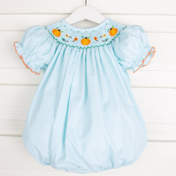 Pumpkin and Leaves Smocked Bubble Mint Gingham