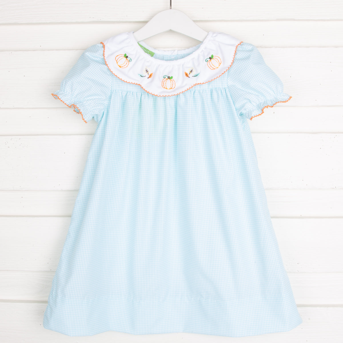 Pumpkin and Leaves Embroidered Holly Dress Mint Gingham
