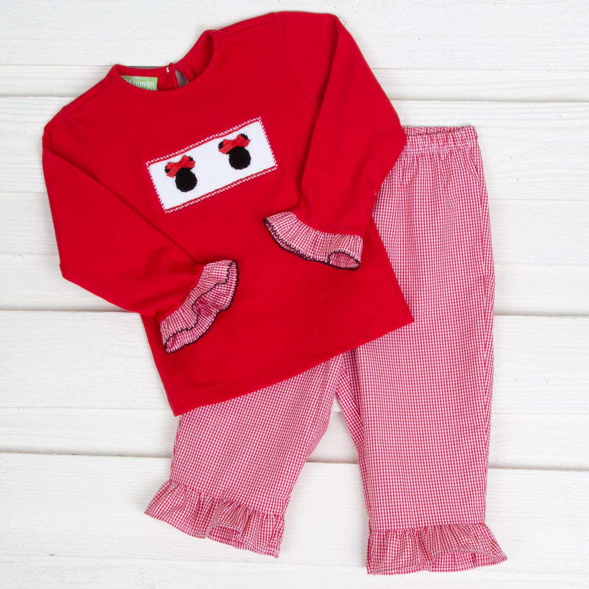 Mouse Ears Smocked Girl Red Pant Set
