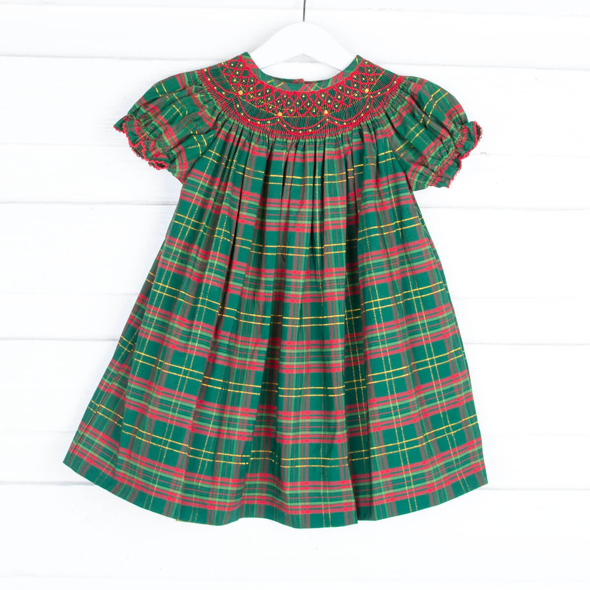 Geometric Smocked Christmas Green Plaid Dress