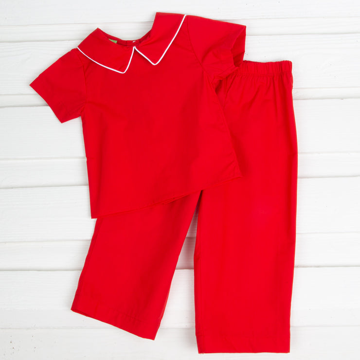 Collared Boy Pant Set Solid Red