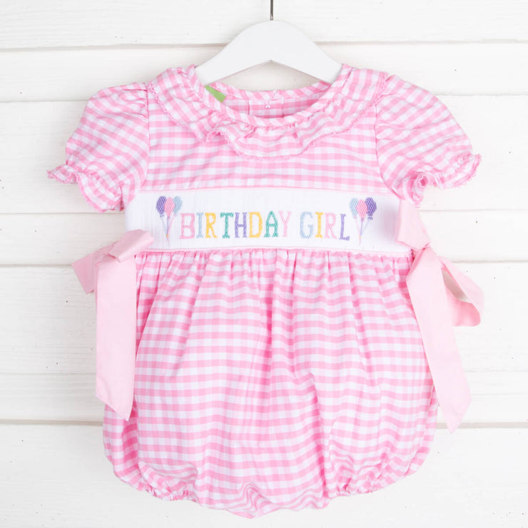 Birthday Girl Smocked Side Tie Bubble Light Pink Check