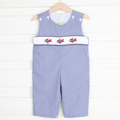Airplane Smocked Longall Navy Gingham