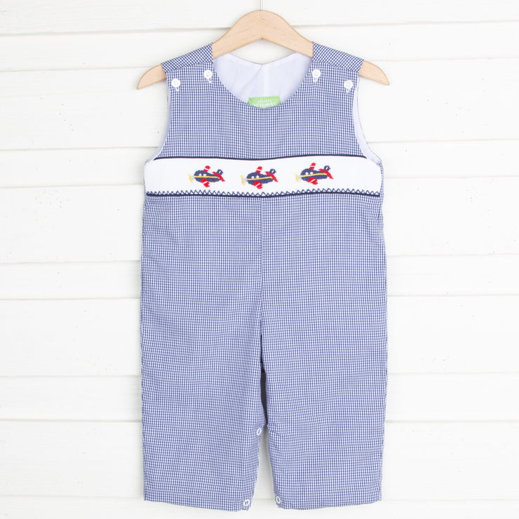Airplane Smocked Longall Navy Gingham