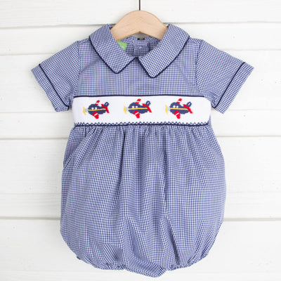Airplane Smocked Collared Bubble Navy Gingham