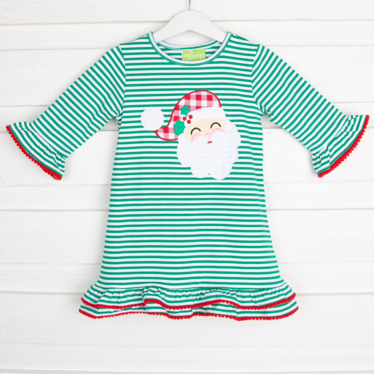 Santa Applique Dress Green Stripe