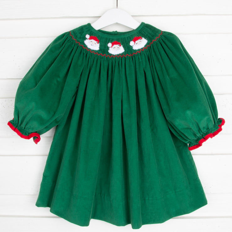 Santa Face Smocked Green Dress