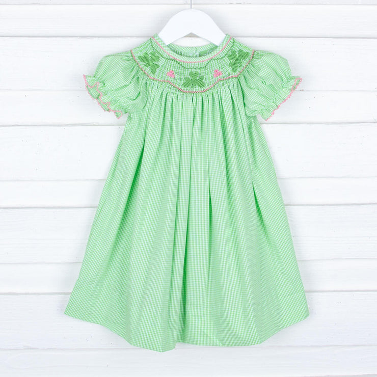 Clover Smocked Green Gingham Bishop Dress