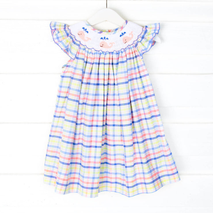 Whale Smocked Coral and Blue Dress