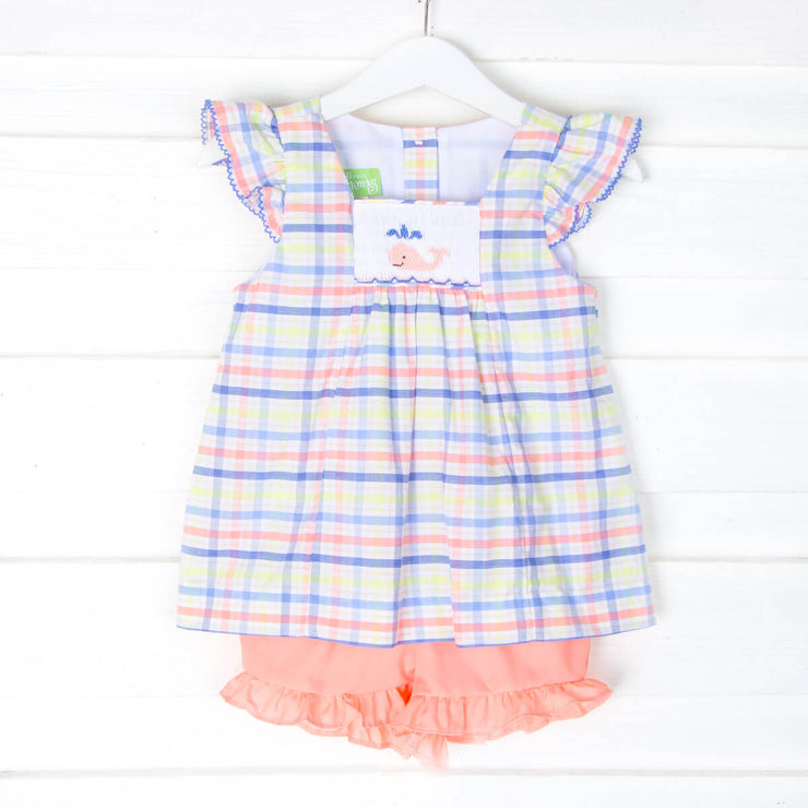 Whale Smocked Short Set Coral and Navy Plaid