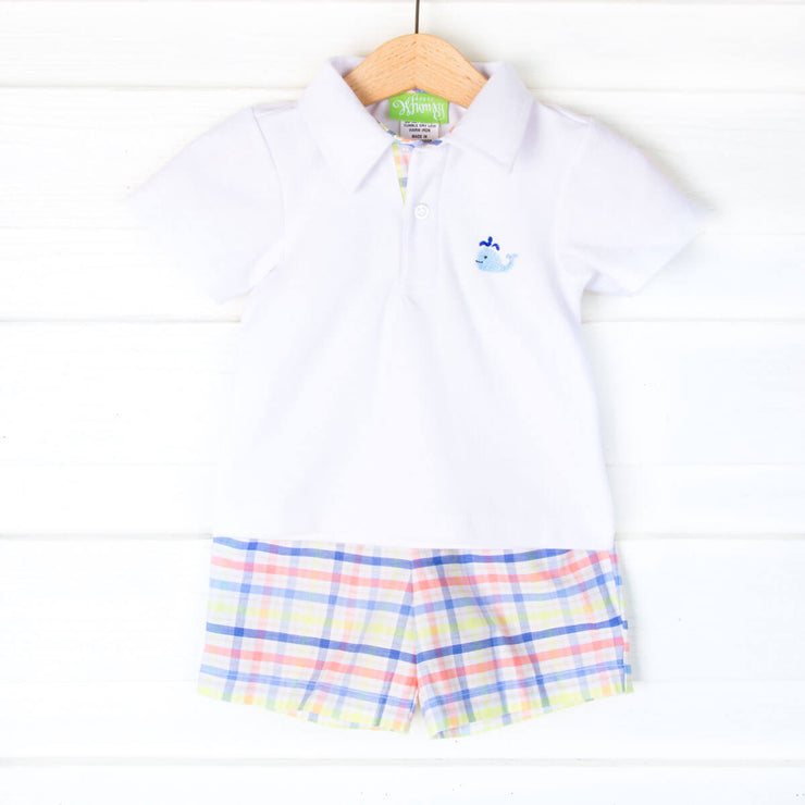 Whale Embroidered Polo Set Coral and Navy Plaid