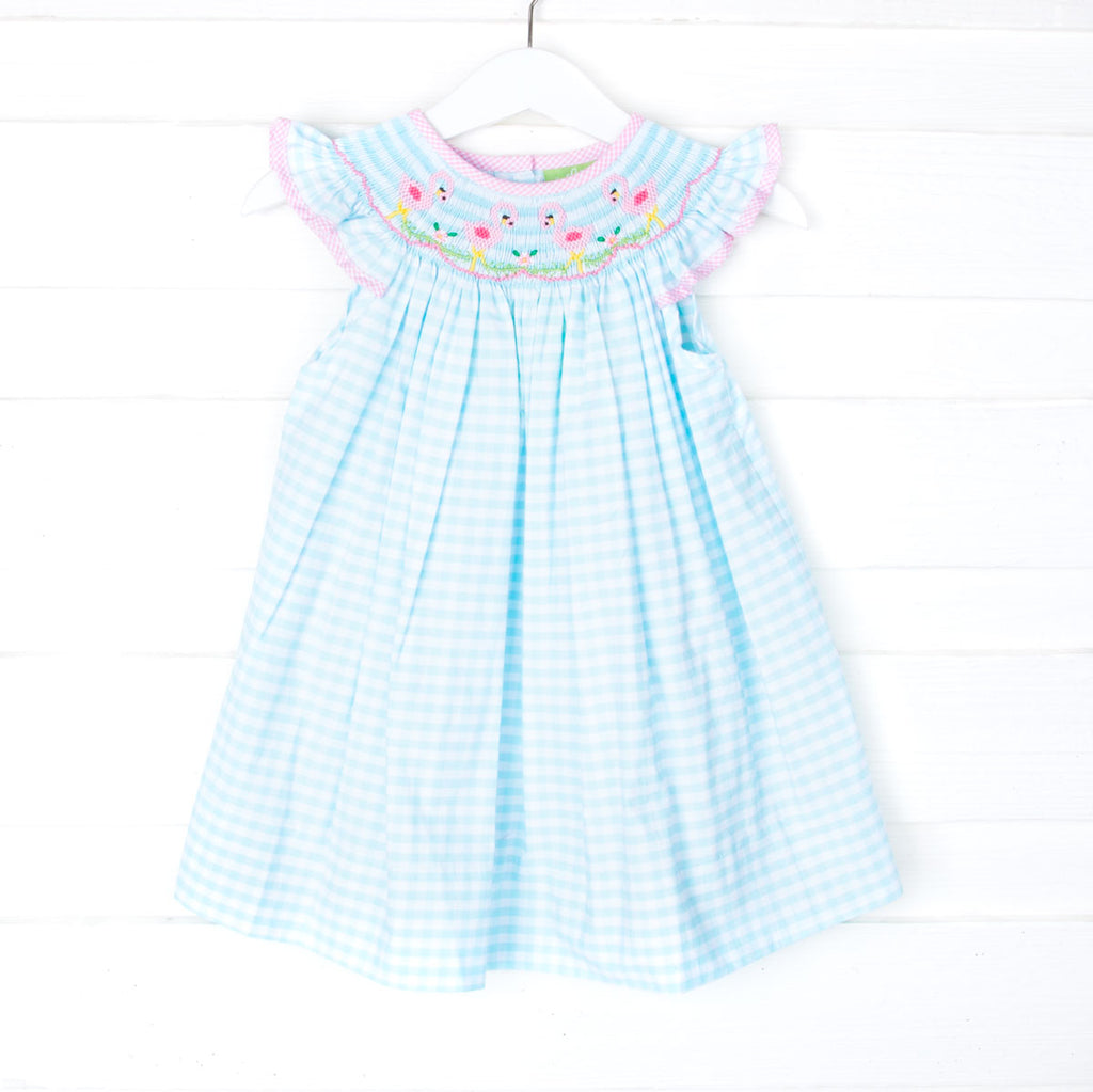 Flamingo Smocked Aqua Gingham Dress – Classic Whimsy