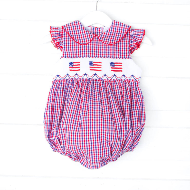 Smocked Flags Red, White and Blue Plaid Angel Sleeve Bubble