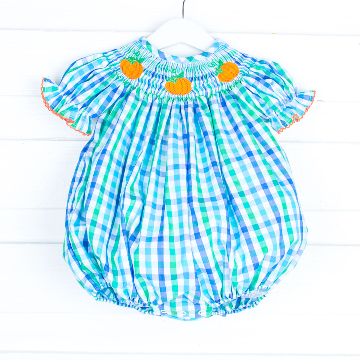 Smocked Pumpkin Green and Blue Bubble