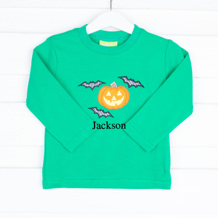 Pumpkin and Bats Green Long Sleeve Shirt
