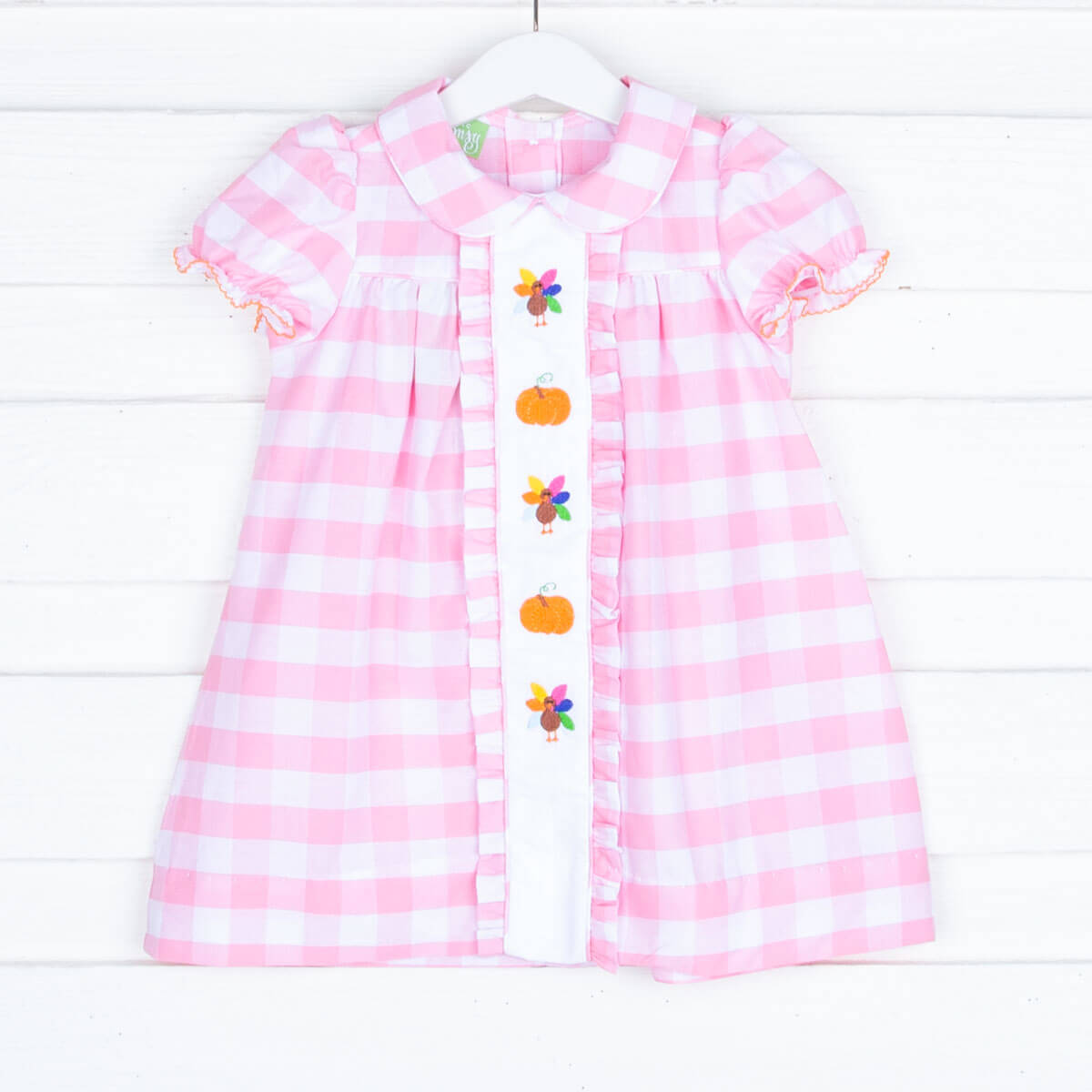 Embroidered Thanksgiving Pink Check Dress