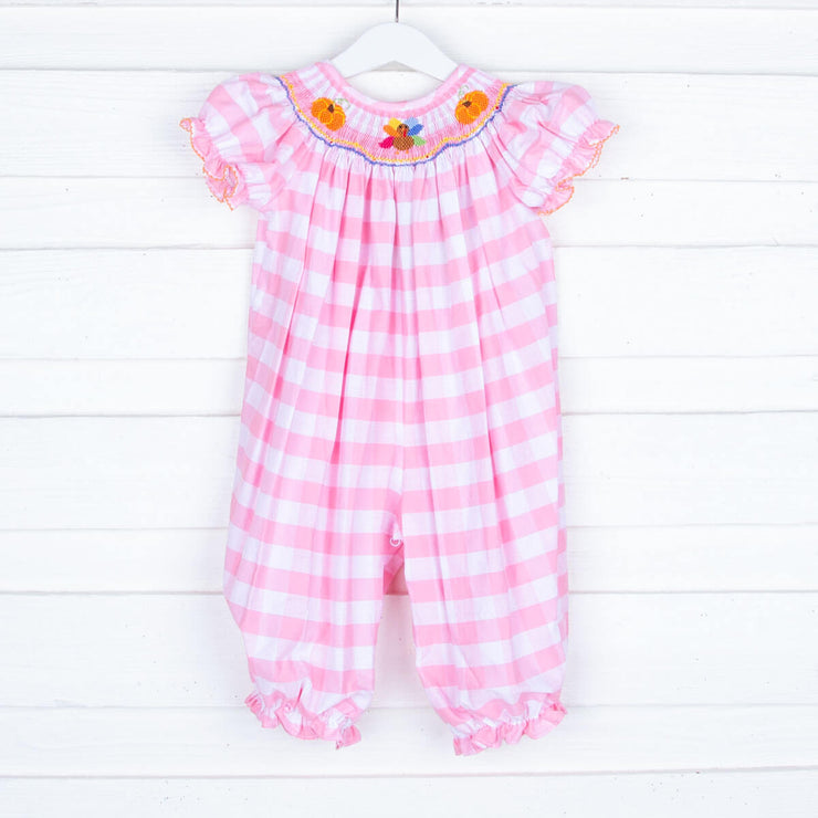 Smocked Thanksgiving Pink Check Long Bubble