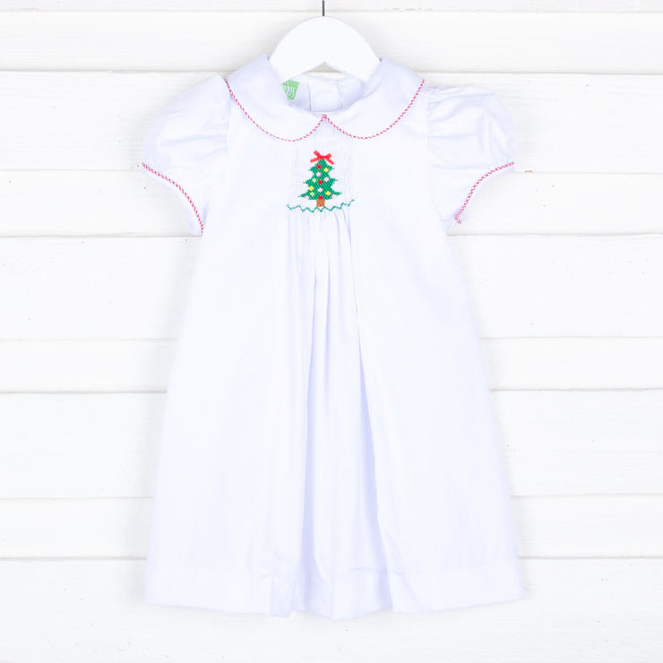 Single Smocked Christmas Tree White Dress