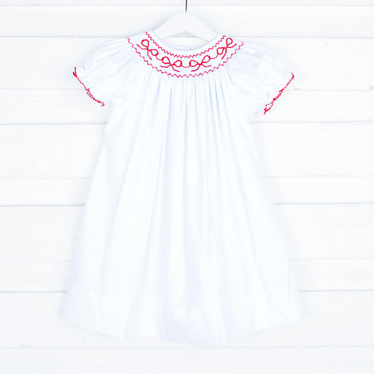 Smocked Red Bows White Dress