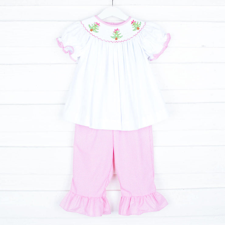 Smocked Trees White and Pink Pant Set