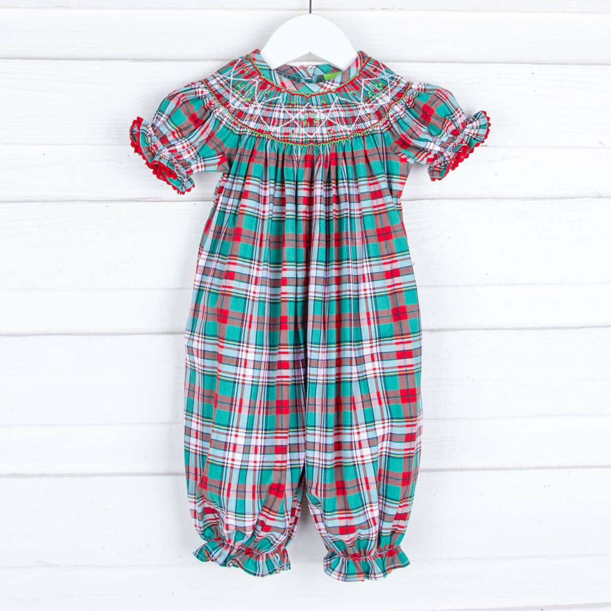 Merry & Bright Plaid Smocked Long Bubble