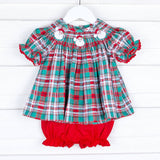 Merry & Bright Plaid Smocked Santa Bloomer Set