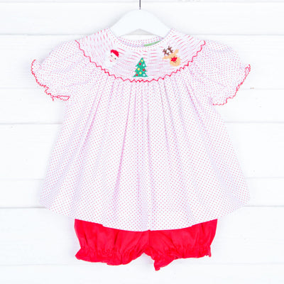 Christmas Smocked White with Red Dot Bloomer Set