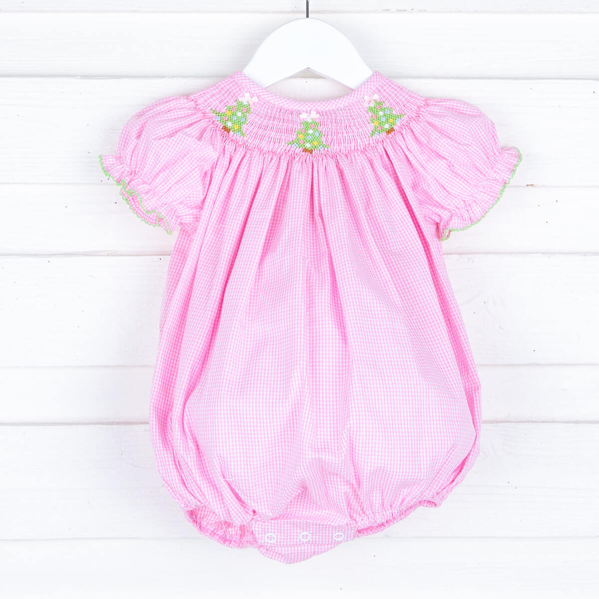 Smocked Trees Pink Gingham Bubble