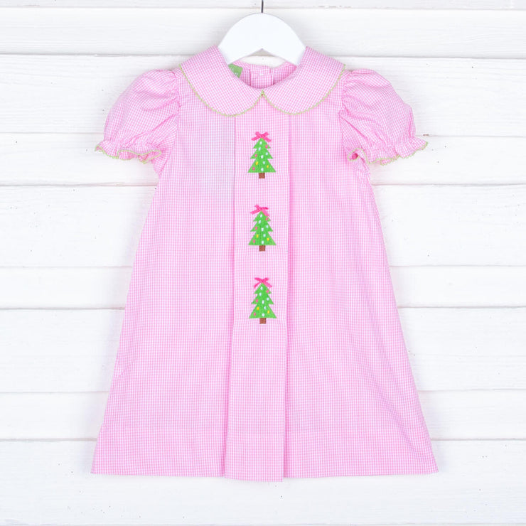 Embroidered Trees Collared Pink Gingham Dress