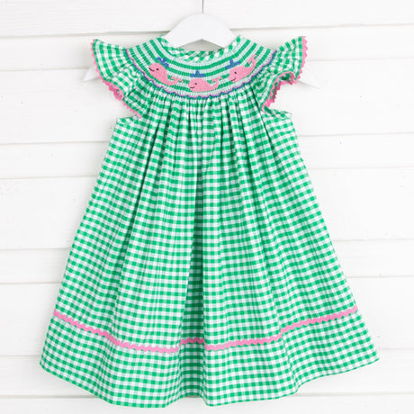 Whale Smocked Dress Green Check