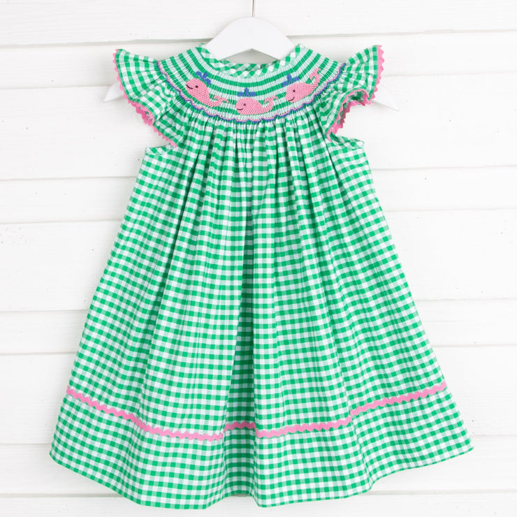 Whale Smocked Dress Green Check