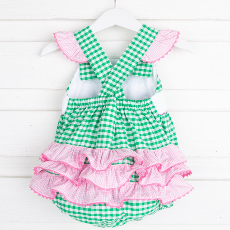 Whale Smocked Ruffle Bubble Green Check