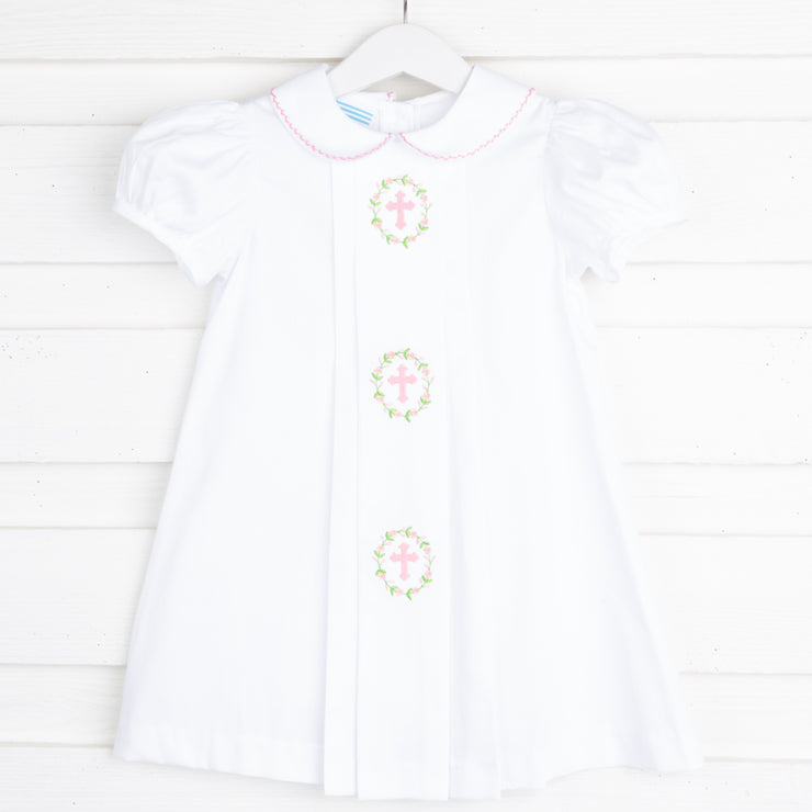 Cross and Wreath Embroidered Collared Dress White Pique