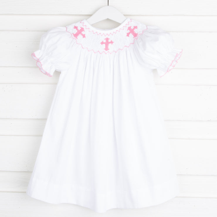 Pink Cross Smocked White Bishop Dress