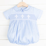 Cross Smocked Light Blue Boy Bubble