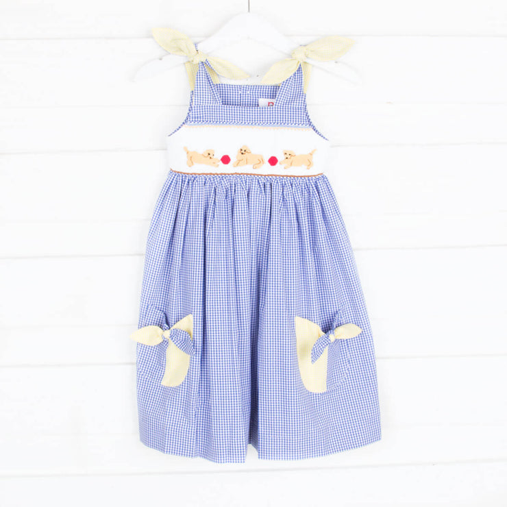 Puppy Play Smocked Blue Gingham Dress