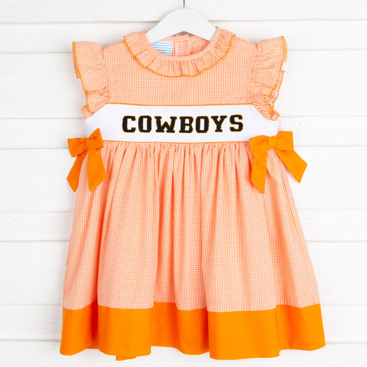 Cowboys Smocked Spirit Dress Orange Gingham
