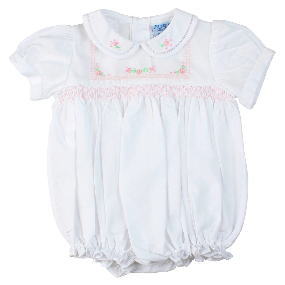 Embroidered Pink Flowers Smocked White Bubble