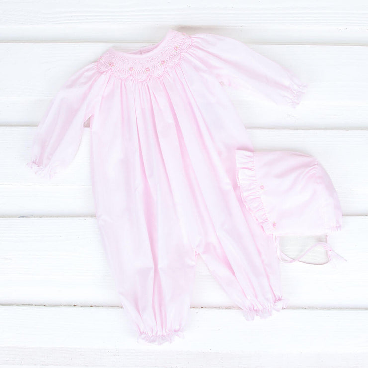 Smocked Rosebud Pink Elastic Baby Gown and Bonnet Set