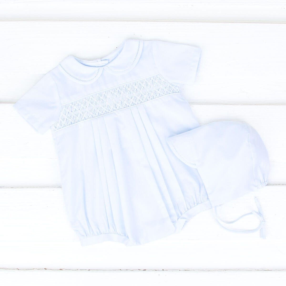 White Smocked Bubble with Bonnet